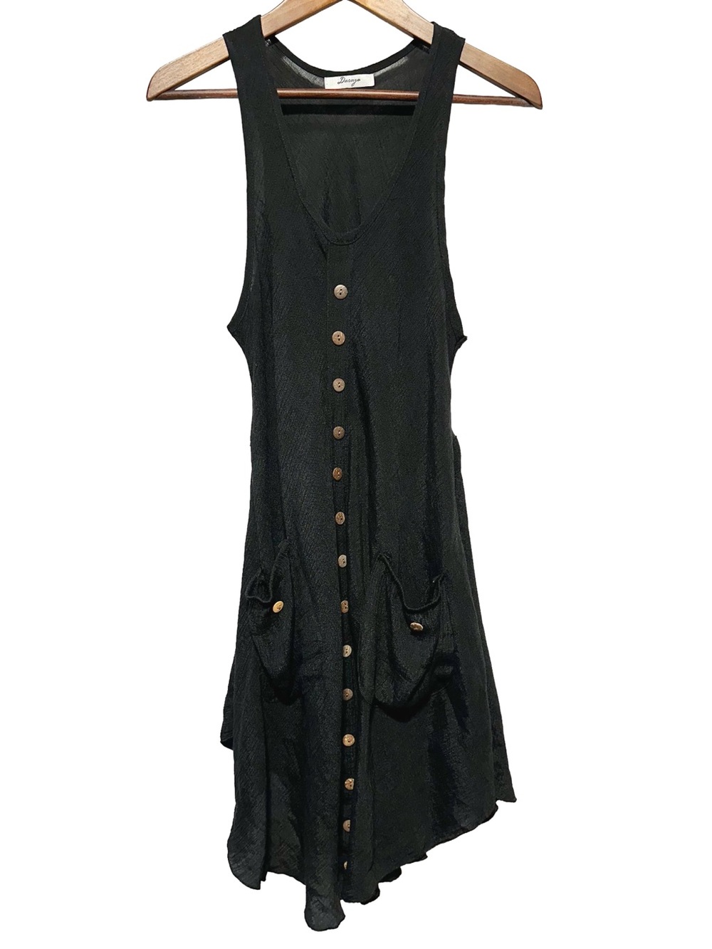 Dasayo Black Crinkle Button Front Tunic Top Boho Lagenlook One Size